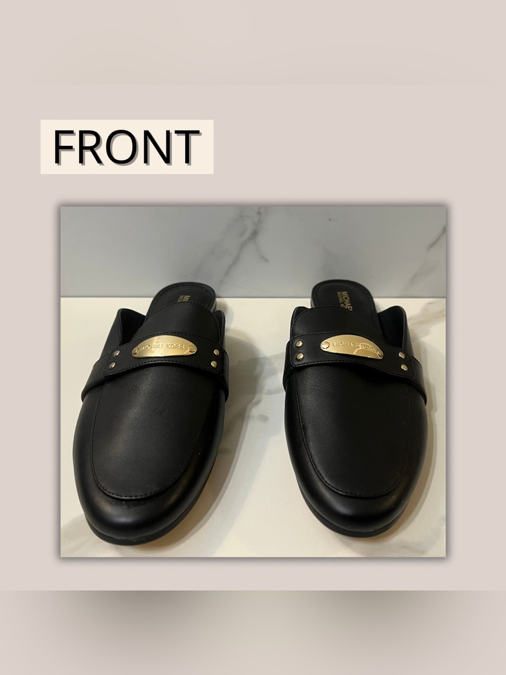 Michael Kors Black Leather Backless Loafer with Gold Accent - Picture 2 of 5